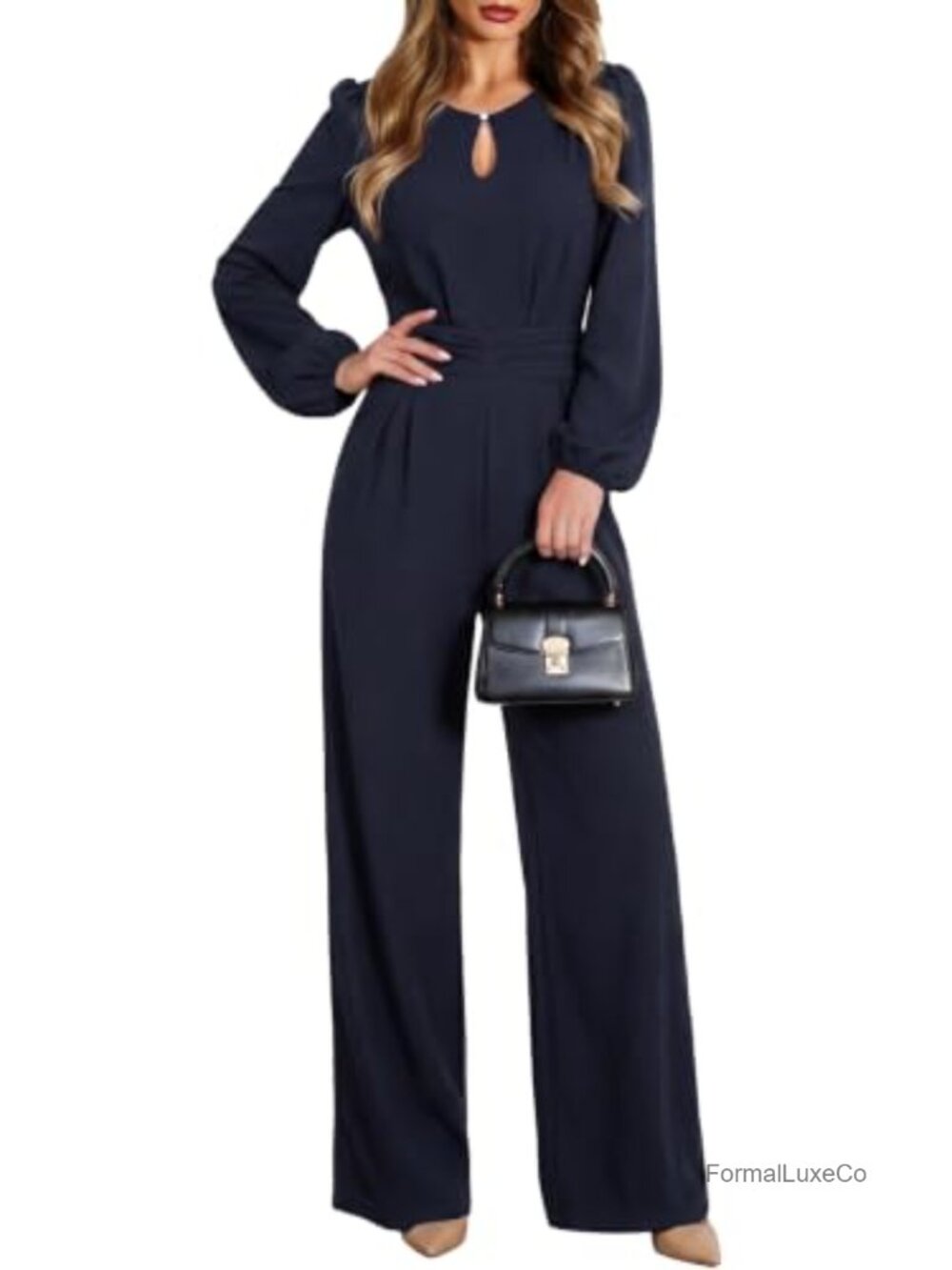 Elegant Keyhole Wide Leg Jumpsuit Long Sleeve Smocked Waist Pockets